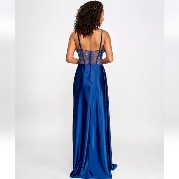 NWT TLC Say Yes Juniors Pleated Illusion Trim Rhinestone Corset Gown in Navy - Picture 2 of 13